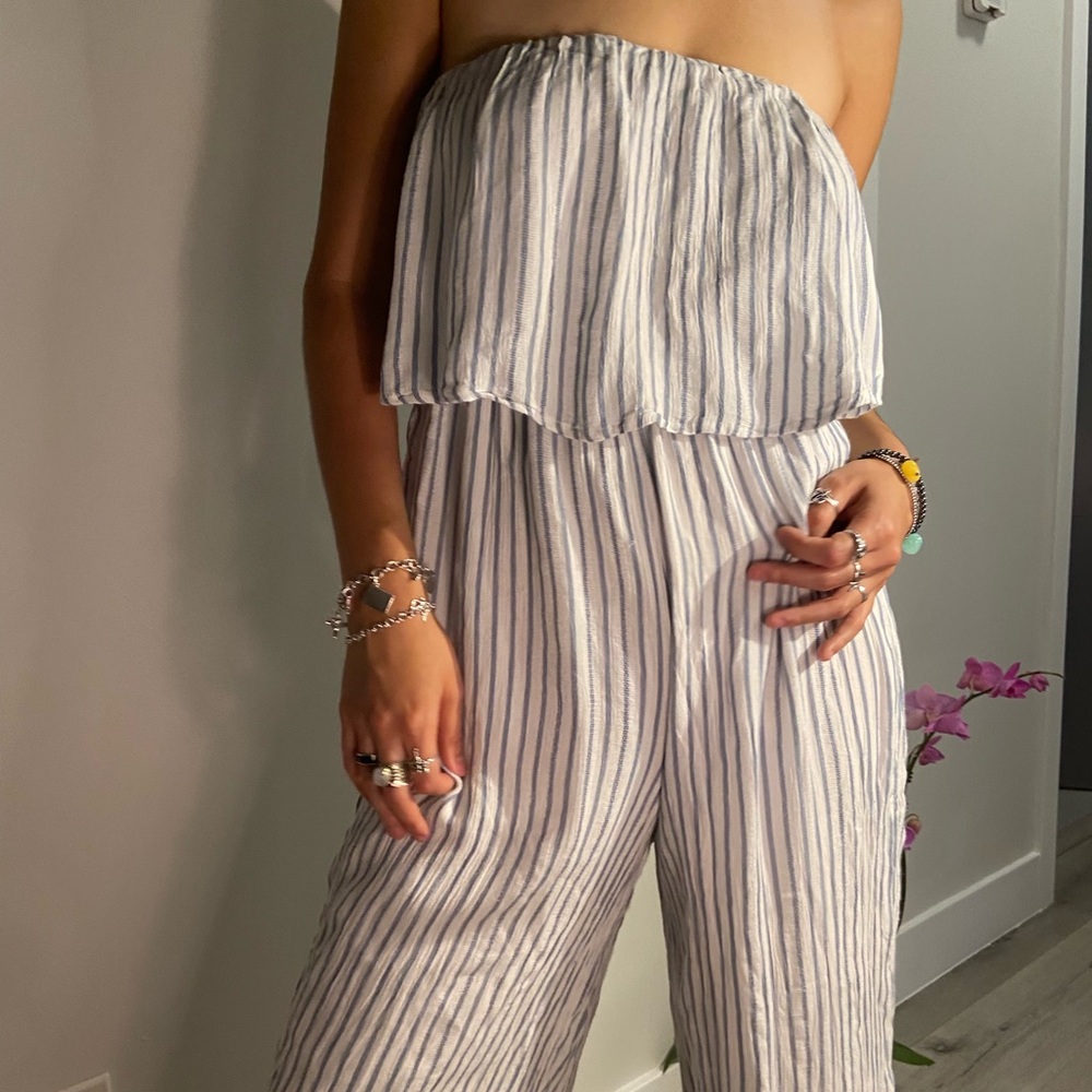 blue + white striped flowy Japra romper